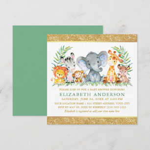 Invitation Aquarelle Safari Animaux Baby shower Vert Carré