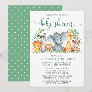 Invitation Aquarelle Safari Animaux Baby shower Vert Script