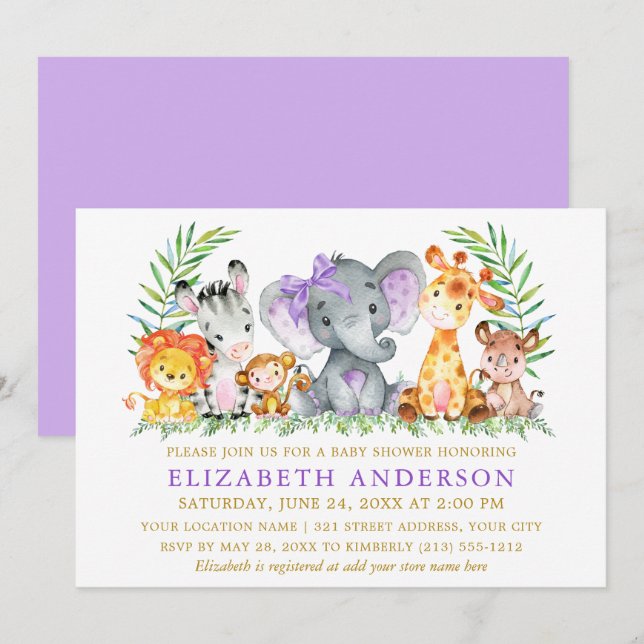 Invitation Aquarelle Safari Animaux Baby shower Violet Bow (Devant / Derrière)
