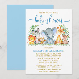 Invitation Aquarelle Safari Animaux Bleu Script Douche Or