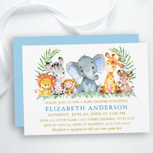 Invitation Aquarelle Safari Animaux Blue Gold Baby shower
