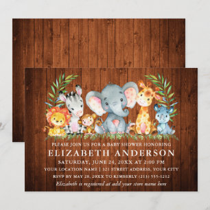 Invitation Aquarelle Safari Animaux Bois Baby shower fille