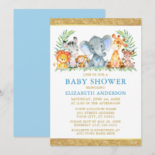 Invitation Aquarelle Safari Animaux Douche Bleu Parties scint