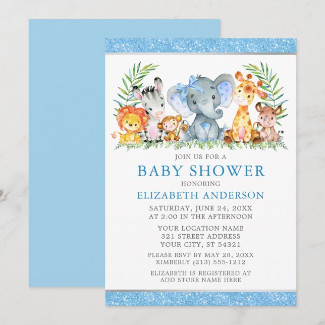 Invitation Aquarelle Safari Animaux Douche Blue Bow Parties s (Devant / Derrière)