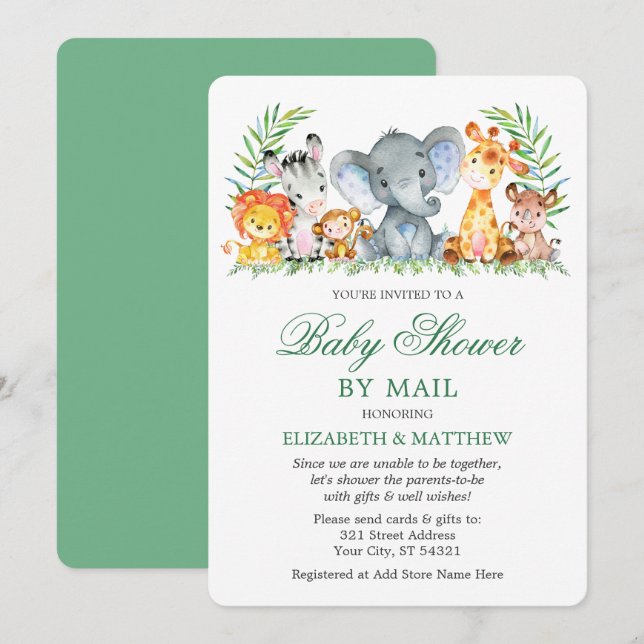 Invitation Aquarelle Safari Animaux Douche verte par la poste (Devant / Derrière)