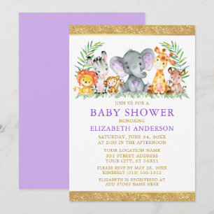Invitation Aquarelle Safari Animaux Douche Violet Parties sci