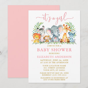 Invitation Aquarelle Safari Animaux Fille Rose Script Douche