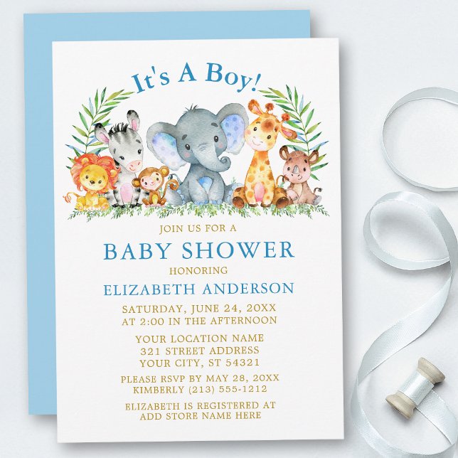 Invitation Aquarelle Safari Animaux Garçon Baby shower Or (Customize to change text color, size, text style or to change color of back of card.)