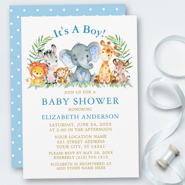 Invitation Aquarelle Safari Animaux Gold Boy Baby shower (Customize to change text color, size or text style.)