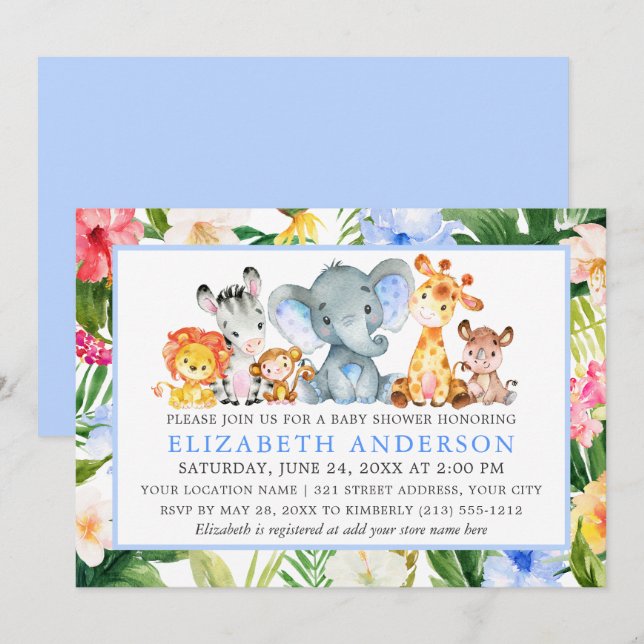 Invitation Aquarelle Safari Animaux Tropical Blue Douche (Devant / Derrière)