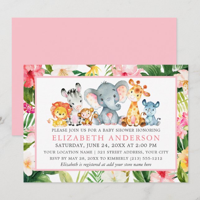 Invitation Aquarelle Safari Animaux Tropical Rose Douche (Devant / Derrière)