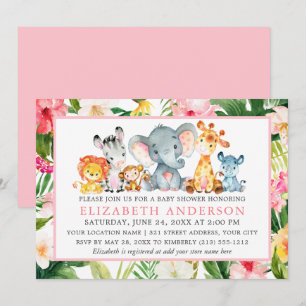 Invitation Aquarelle Safari Animaux Tropical Rose Douche