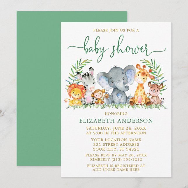 Invitation Aquarelle Safari Animaux Vert Script Douche Or (Devant / Derrière)