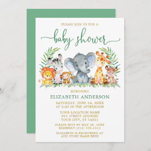 Invitation Aquarelle Safari Animaux Vert Script Douche Or