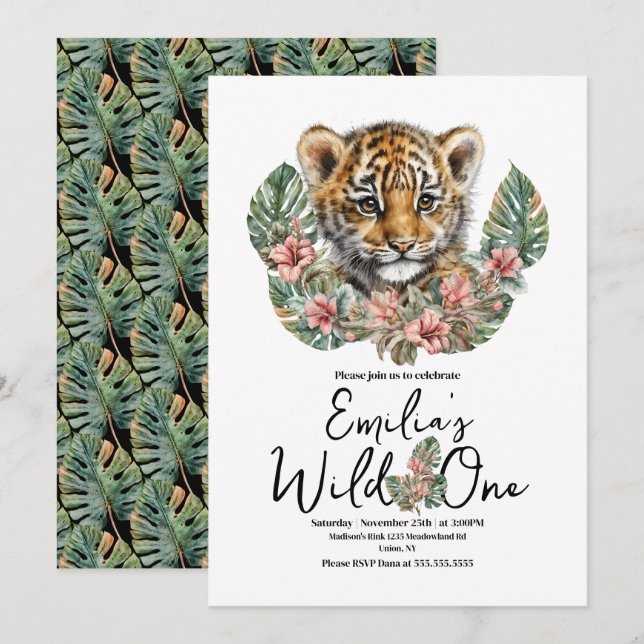 Invitation Aquarelle Safari Wild One Baby Tiger Cub Anniversa (Devant / Derrière)