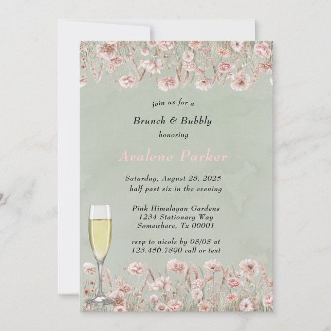 Invitation Aquarelle Sage Green Pink Peony Brunch & Bubbly (Devant)