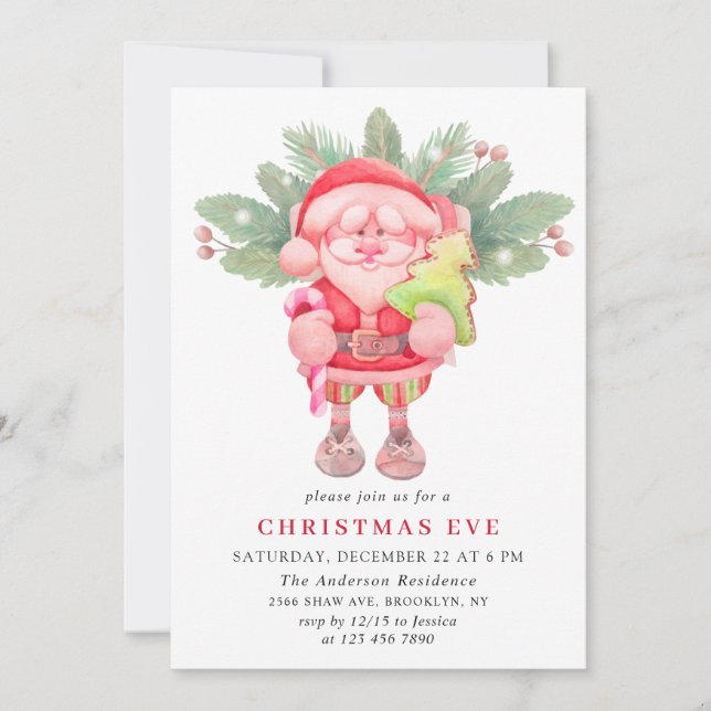 Invitation Aquarelle Santa Claus Noël Soirée Fête de Noël (Devant)