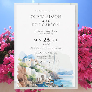 Invitation Aquarelle Santorin, Grèce destination mariage