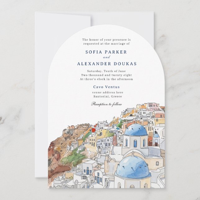 Invitation Aquarelle Santorini Grèce Skyline mariage (Devant)