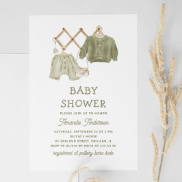 Invitation Aquarelle sauge vêtements verts. Beau baby shower