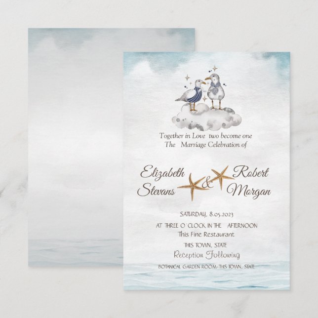 Invitation Aquarelle Seagulls In Love Beach Wedding (Devant / Derrière)