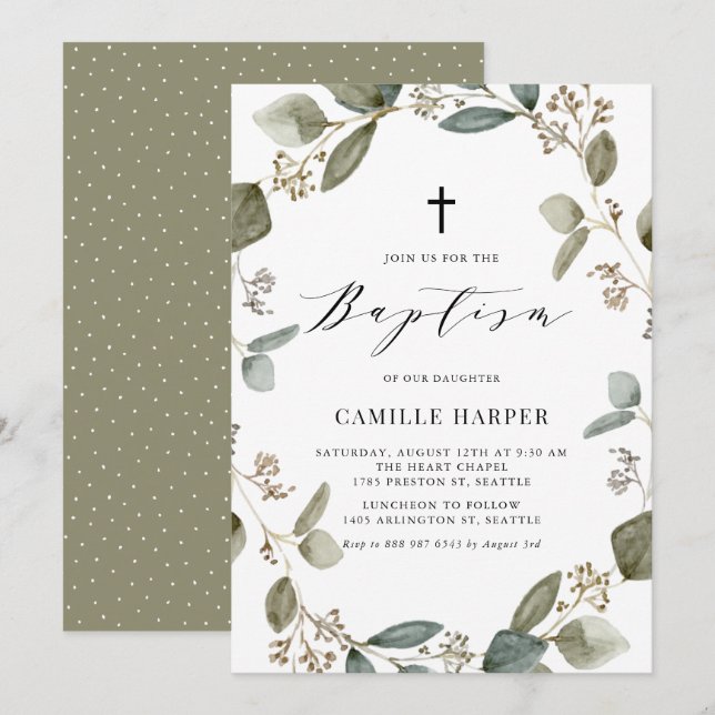 Invitation Aquarelle Semée Eucalyptus Wreath Baptême (Devant / Derrière)