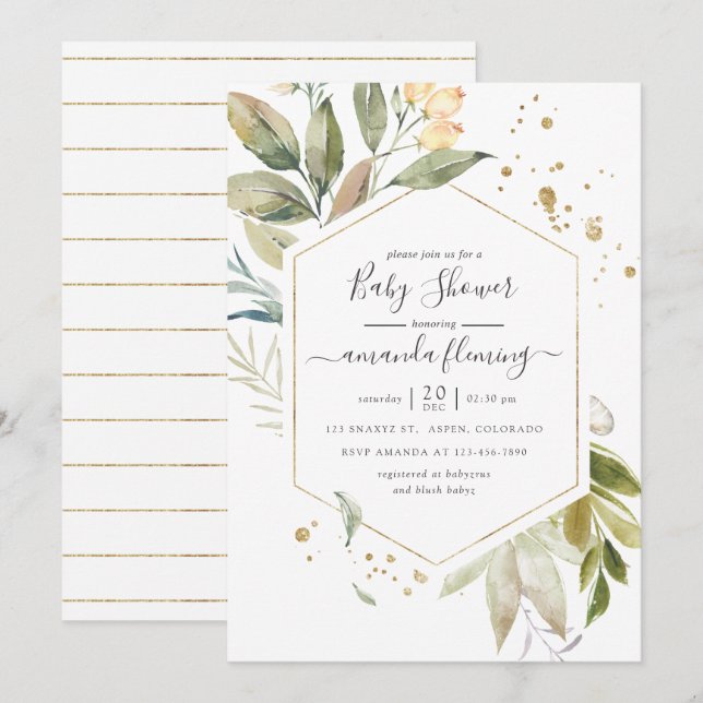 Invitation Aquarelle Serenity Verdure Baby shower géométrique (Devant / Derrière)