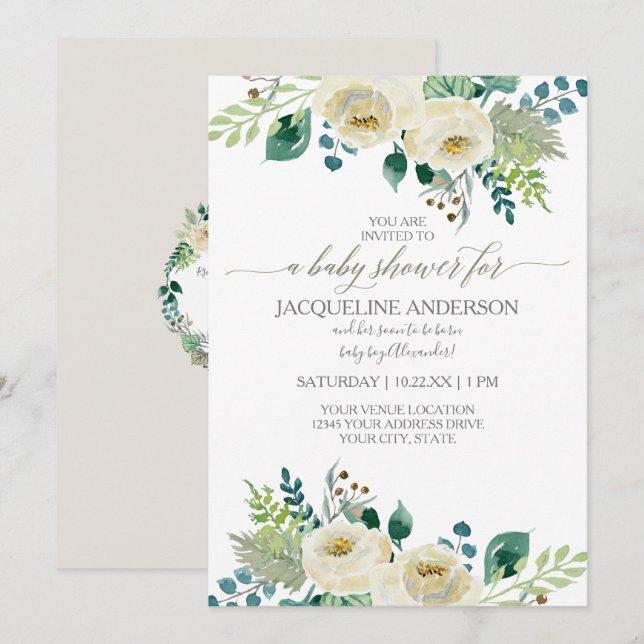 Invitation Aquarelle Sexe Baby shower neutre Blanc Floral (Devant / Derrière)