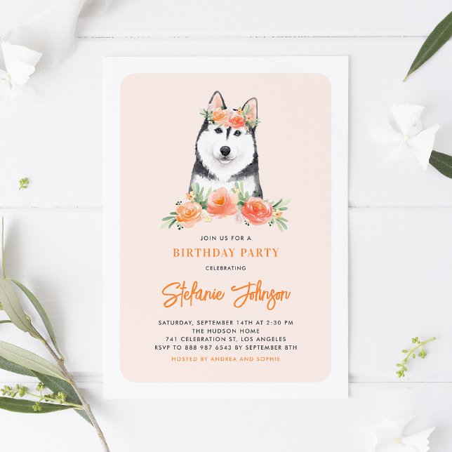 Invitation Aquarelle Sibérie Husky Pêche Florale Anniversaire (Créateur téléchargé)