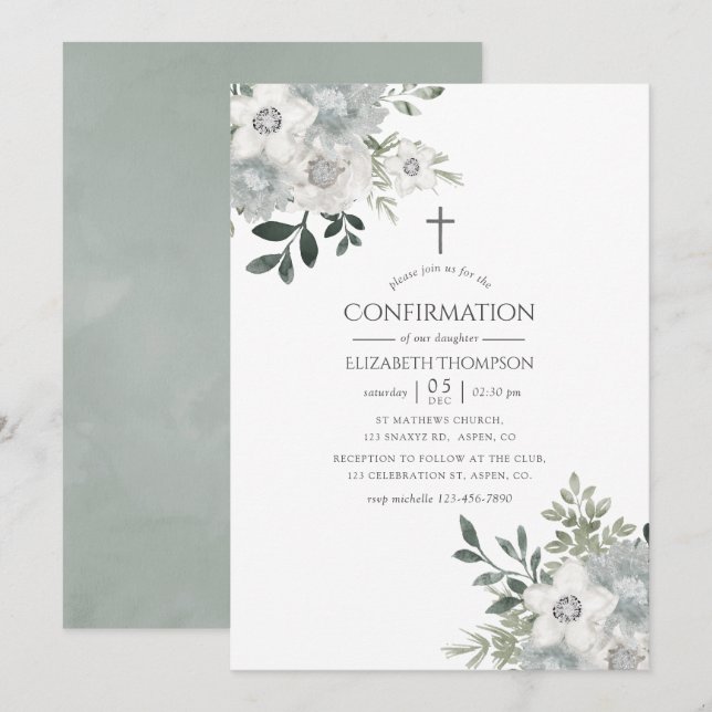 Invitation Aquarelle Silver Sage Confirmation de la florale (Devant / Derrière)