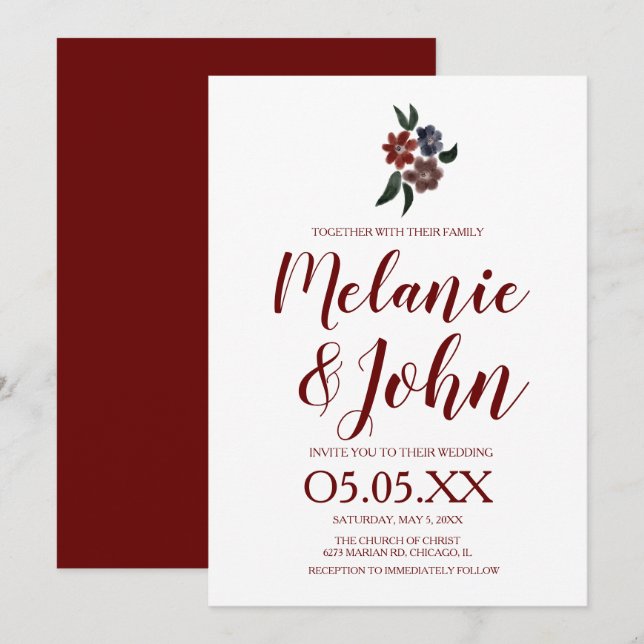 Invitation Aquarelle Simple Bourgogne Floral Romantique Maria (Devant / Derrière)