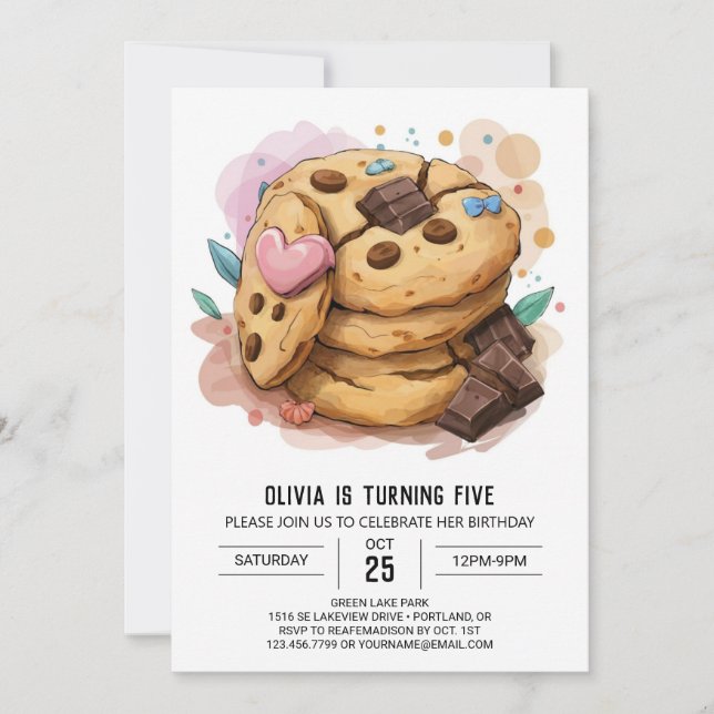 Invitation Aquarelle Simple Chic Cookies Anniversaire (Devant)
