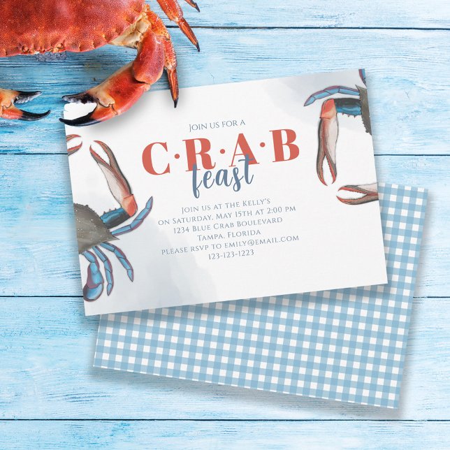 Invitation Aquarelle Simple Crabe bleu fête En vichy fête (Créateur téléchargé)