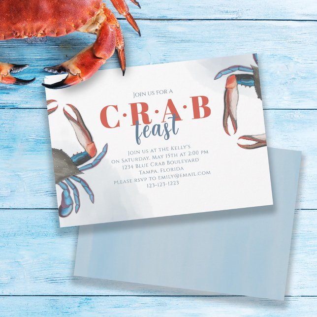 Invitation Aquarelle Simple Crabe Bleu Fête Ocean Party (Créateur téléchargé)