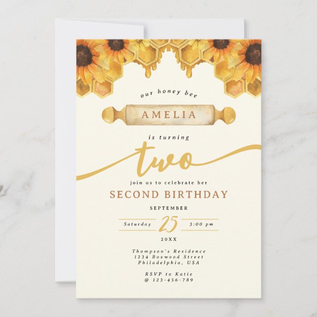 Invitation Aquarelle simple Miel Bee Sunflower 2e anniversair (Devant)