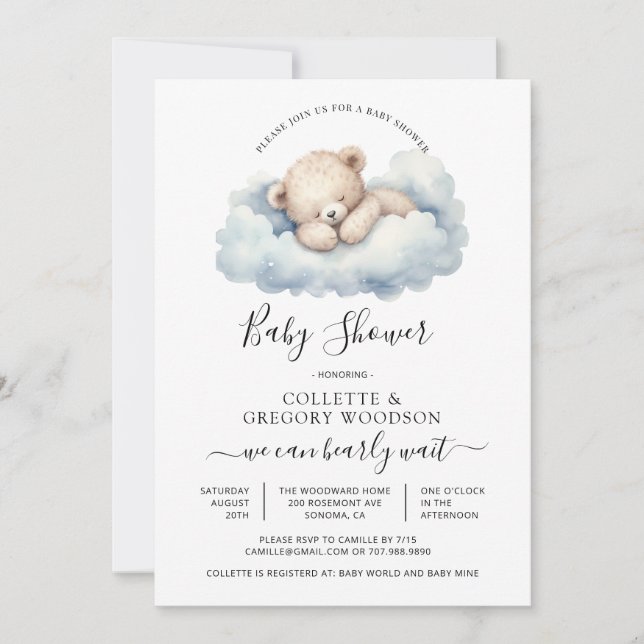 Invitation Aquarelle simple Petit Baby shower d'ours (Devant)