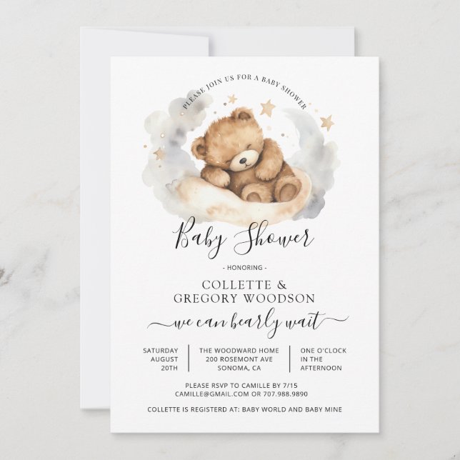 Invitation Aquarelle simple Petit Baby shower d'ours (Devant)