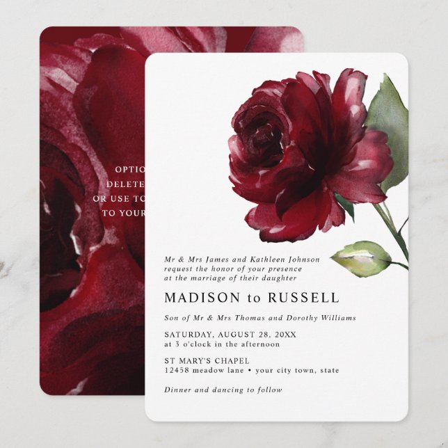 Invitation Aquarelle simple Rose rouge profond Mariage offici (Devant / Derrière)
