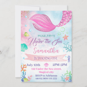 Invitation Aquarelle Sirène 1er 2e 3e 4e 5e anniversaire