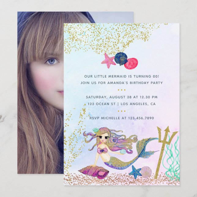 Invitation Aquarelle Sirène Anniversaire Fête Photo Invitatio (Devant / Derrière)