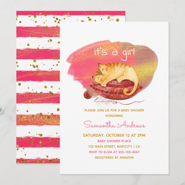 Invitation Aquarelle Sleepy Kitten C'est un Baby shower de fi (Devant / Derrière)