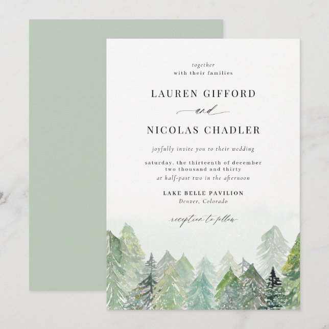 Invitation Aquarelle Snowy Woodland Mariage d'hiver (Devant / Derrière)