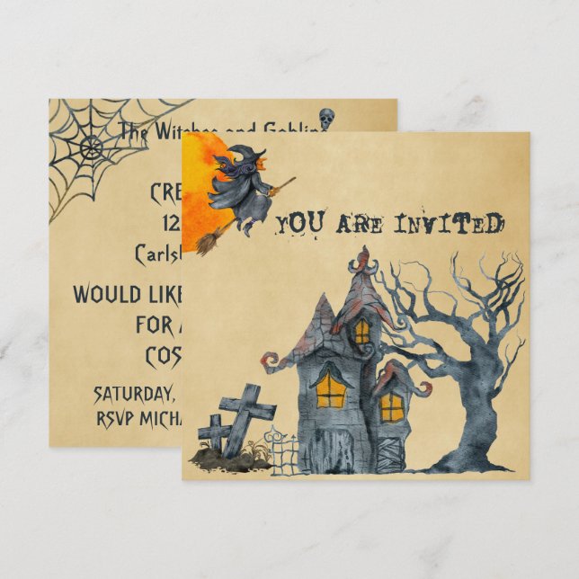 Invitation Aquarelle Sorcières Goblins Halloween Costume Part (Devant / Derrière)