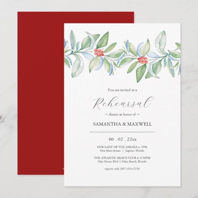Invitation Aquarelle Souper de la répétition de mariage d'hiv (Devant / Derrière)