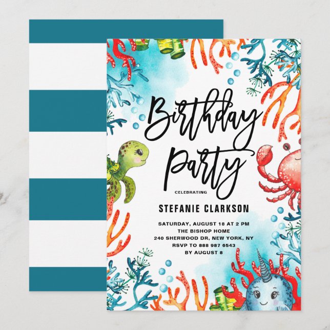 Invitation Aquarelle sous la mer Amis fête d'anniversaire (Devant / Derrière)
