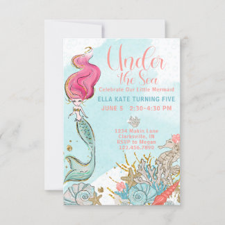Invitation Aquarelle sous la mer Sirène fête d'anniversaire