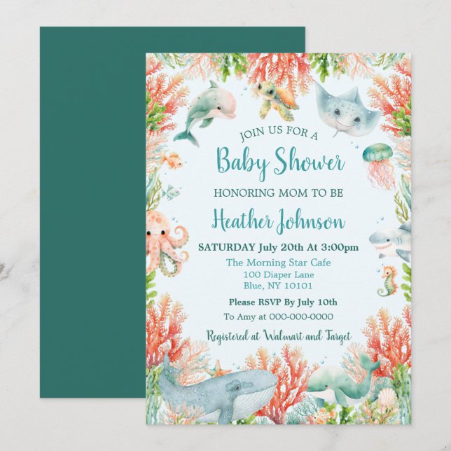 Invitation Aquarelle sous le Baby shower marin (Devant / Derrière)