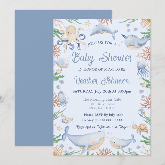 Invitation Aquarelle sous le Baby shower marin (Devant / Derrière)