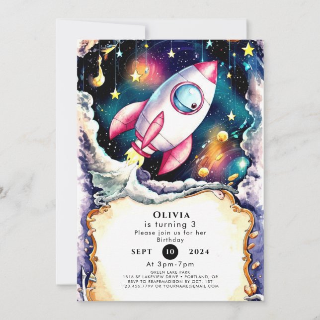 Invitation Aquarelle Space Rocket Anniversaire (Devant)