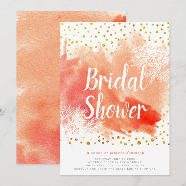 Invitation Aquarelle splash corail récif mariage douche nupti (Devant / Derrière)